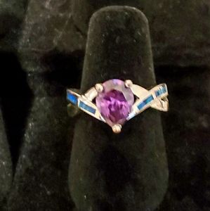 Sterling Silver Amethyst ring with turquoise inlay. Sz 6.5